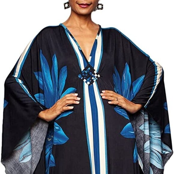 Blue Floral Print Lounge Kaftan Maxi Dress - Picture 9 of 11